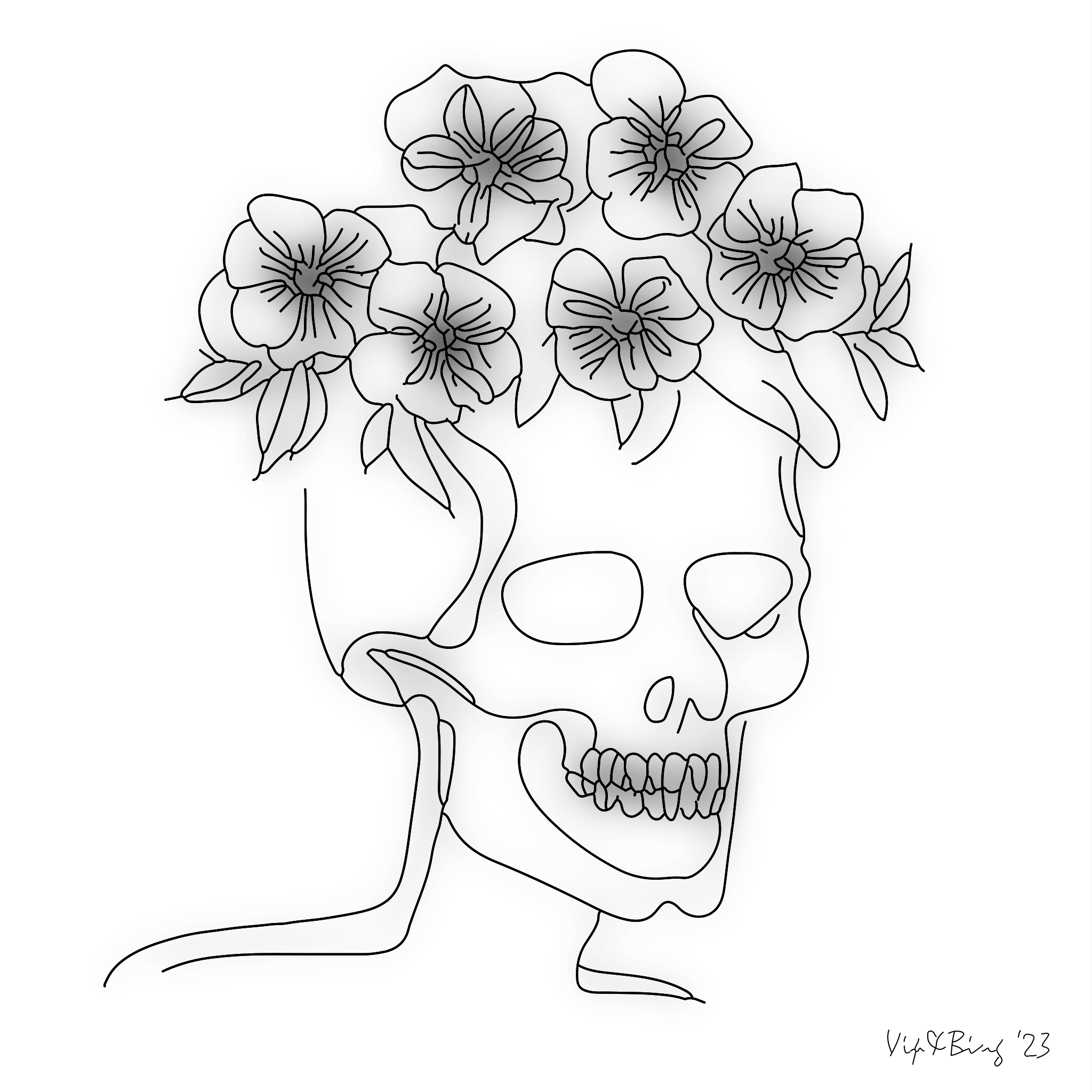 black line floral skull